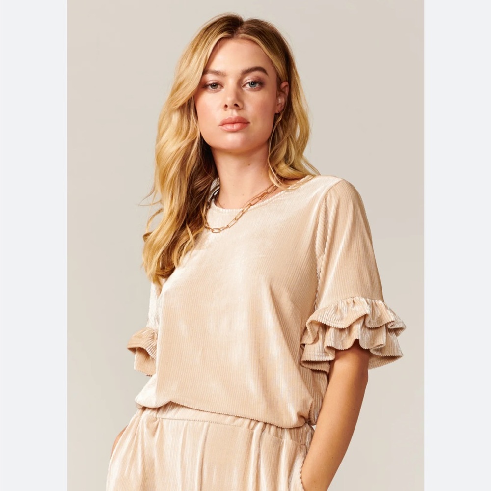 Greylin Barlow Metallic Rib Velvet Top Size M Color Bone Ruffle Sleeves